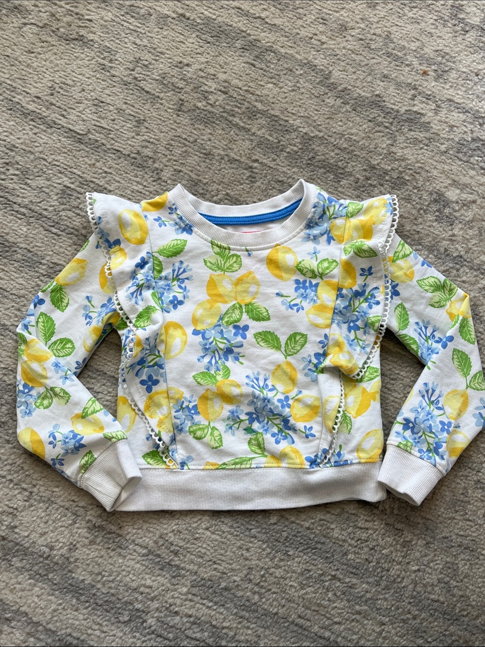 Isaac Mizrahi White Sweatshirt with Yellow Lemon & Blue Floral Print